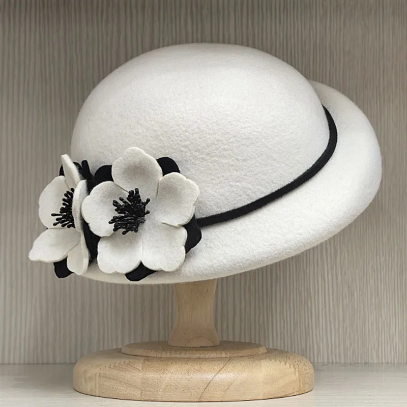 Women Flower Wool Felt Hat French Style Winter Beret Hats Fashion Vintage Millinery Top Hat Ladies Party Wedding Fedoras Chapeau