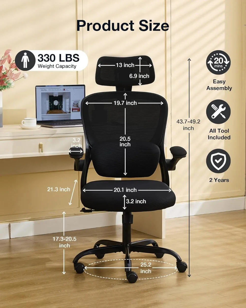 Ergonomic Office Chair with Tilt-Lock, Home Office Desk Chair with Auto Lumbar Support, High Back Mesh Desk Chair