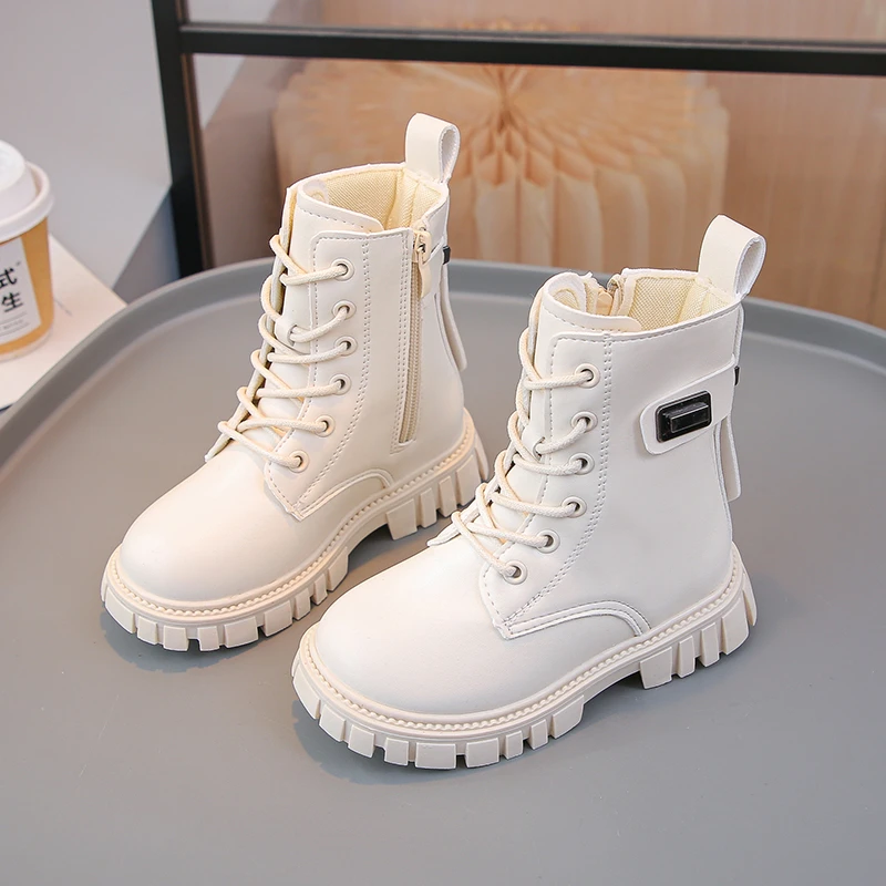 Mumoresip Simple Kids School Boots Round-toe Side Zipper Girls Platform Leather Boots Non-slip Black Beige Children Ankle Boots