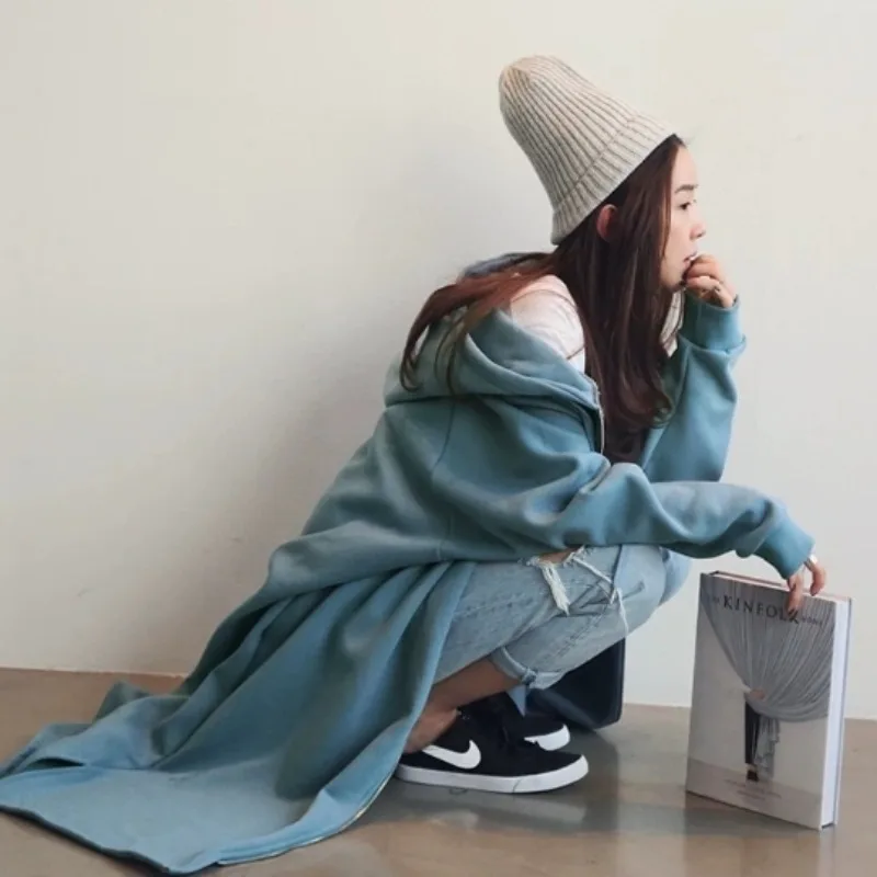 SuperAen Loose Oversize Hooded Zipped Cardigan Long Solid Color Coat 2026 Autumn and Winter New Simple Coats