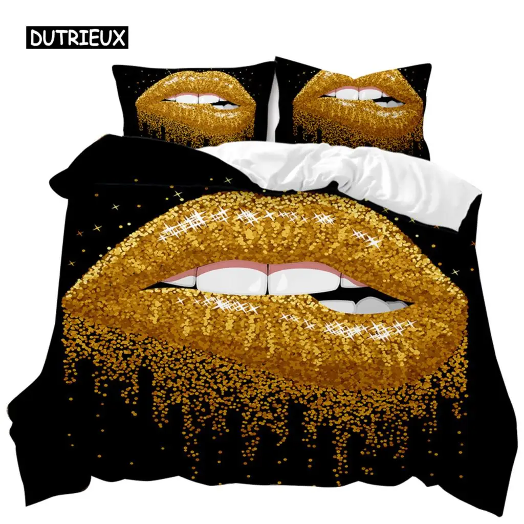 

Lip Duvet Cover Set Golden Lip Bedding Set Sexy Adult Couple Twin Polyester Comforter Cover 3D Kiss Marks Double Queen King Size