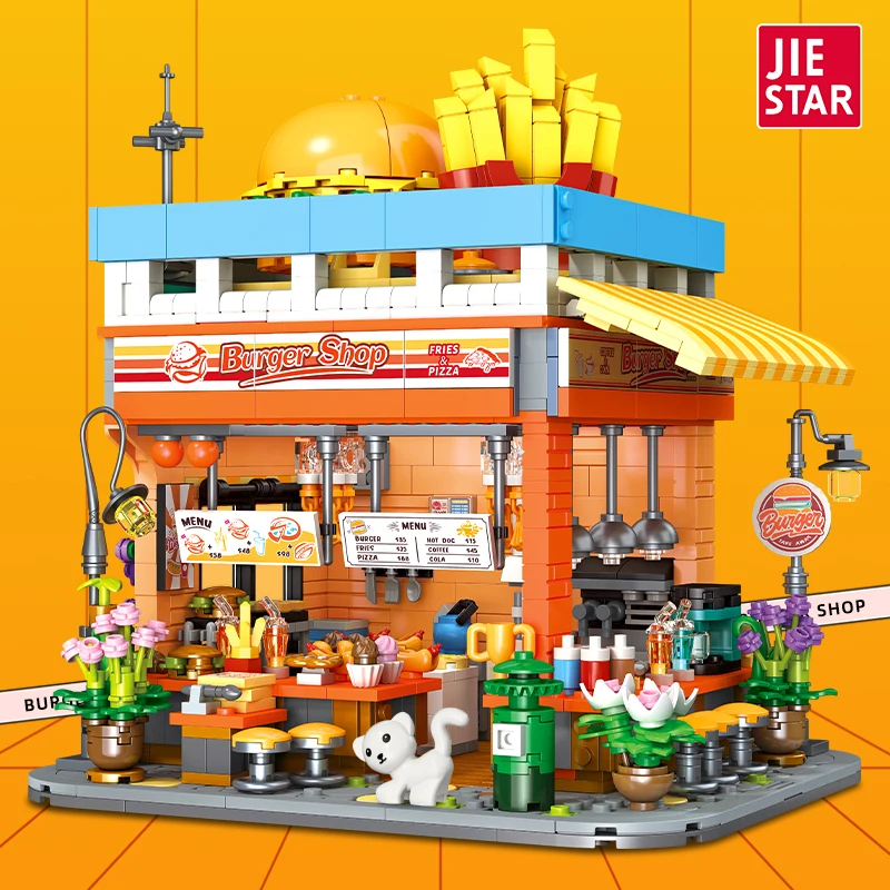 JIE STAR JJ9082 Buger Shop Food Scenes Building Blocks Model Decoration Bricks Assembling Toys for Boys Christmas Gift Set