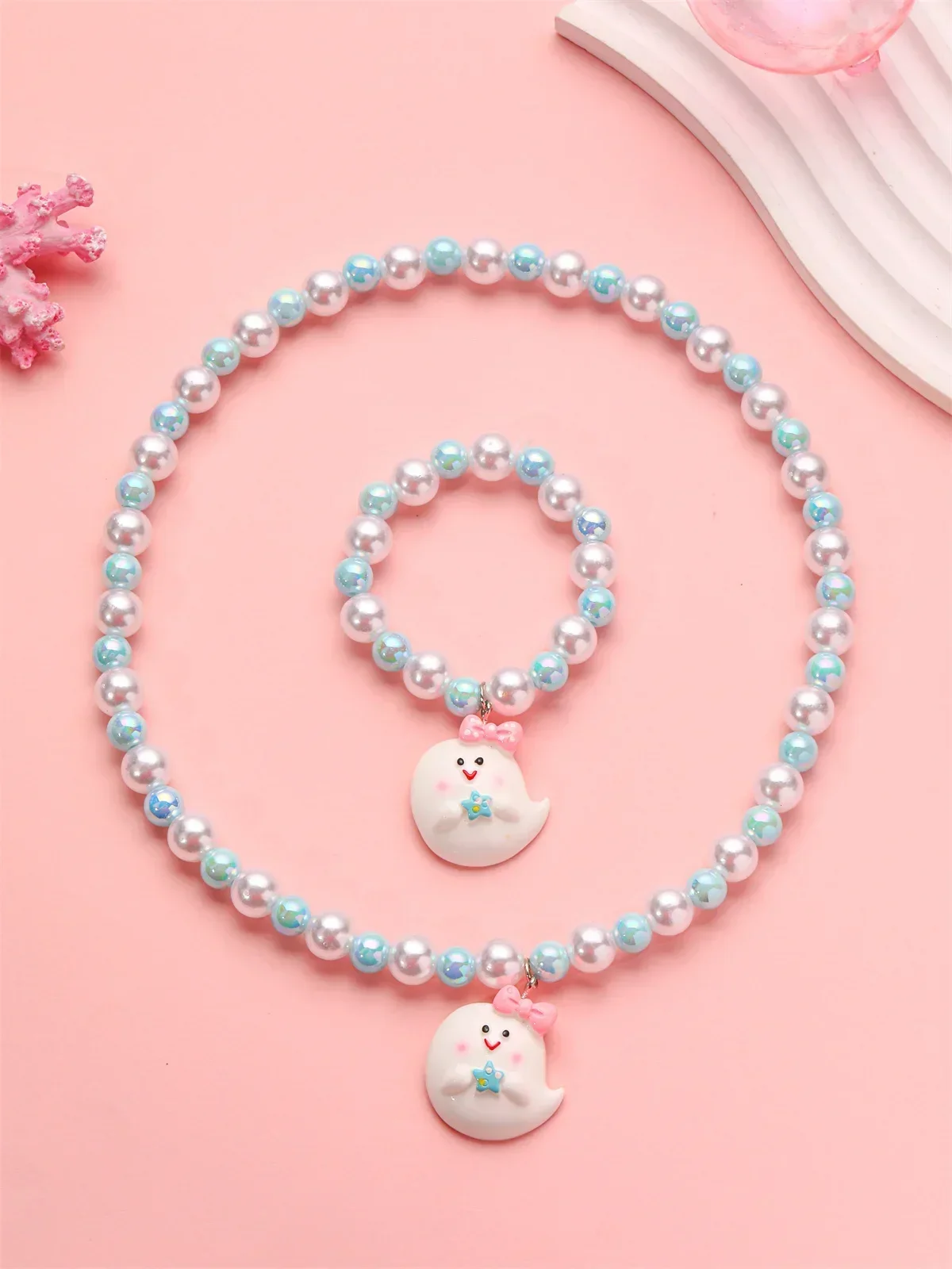 2 قطع الملونة تقليد اللؤلؤ قلادة سوار مجموعة أطفال بنات لعبة من الكارتون طقم مجوهرات الأطفال الأميرة تأثيري هدية