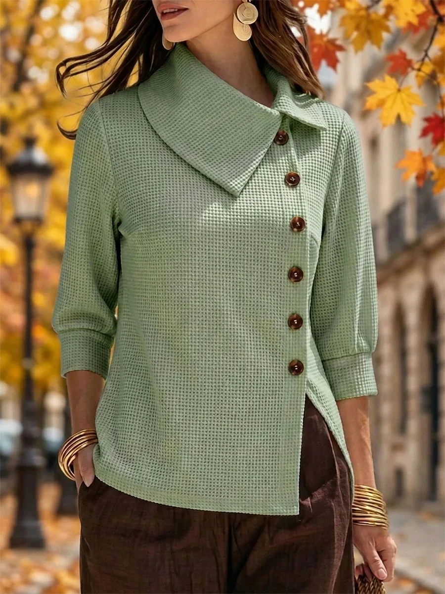 Waffle Minimalist Women's Clothing New Autumn Winter Solid Color Fashion Casual Style Long Sleeved Lapel Single Breasted Tops