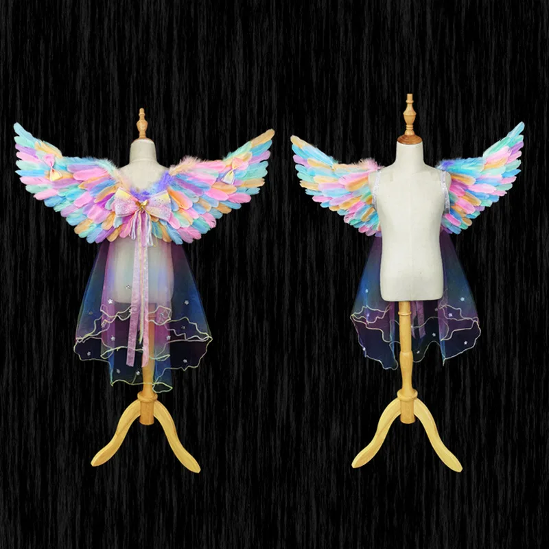 Girls Rainbow Feather Wings with Veil Halloween Carnival Masquerade Cosplay Costume Christmas Dance Party Stage Performance