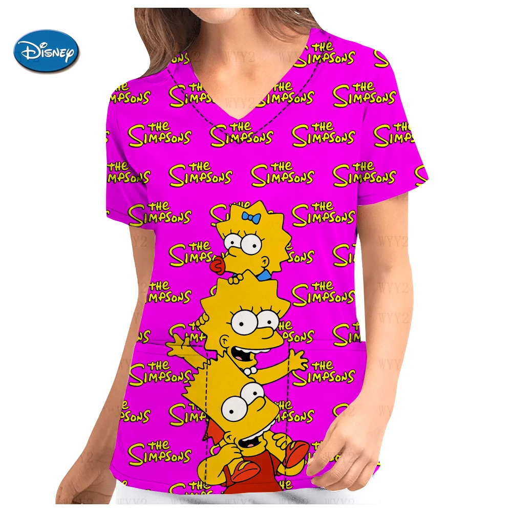 Disney Simpsons Women's V-neck Pocket Frosted Top Printed Short-Sleeve Loose Beauty Salon New Bottoming Nurse Uniform T-Shirt