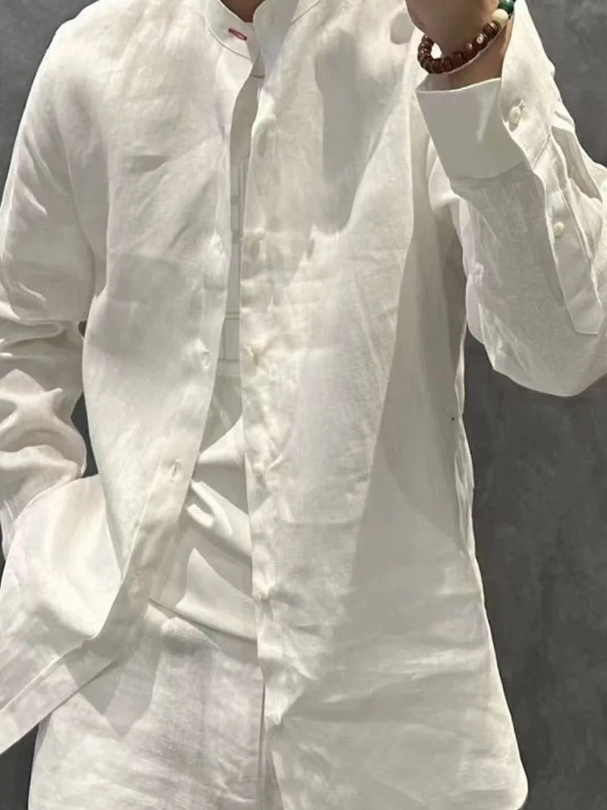 

Lin Men irt Summer Long Sve воротник-стойка мужской повседневный свободный топ винтажный хлопковый Lin мужской свободный крой Long Sve irt