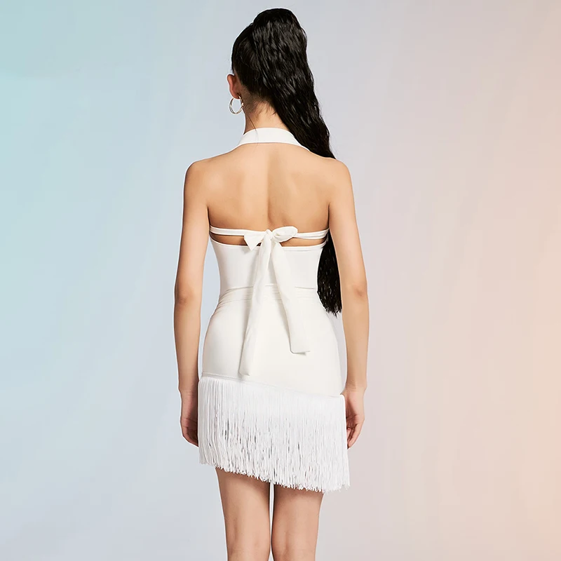 Damen-Latein-Tanzkleid, weißes Neckholder-Tanztrikot, Fransenrock, Cha Cha, Samba, Rumba, Performance-Kleidung, Wettbewerbskleidung 2527