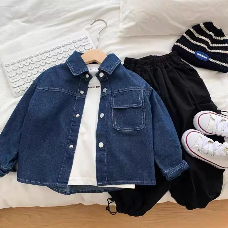 Kids Boys Girls Denim Shirts 2024 New Autumn Winter Outwear Jackets Teenage Casual Cotton Cardigan Blue Jean Blouse Shirts