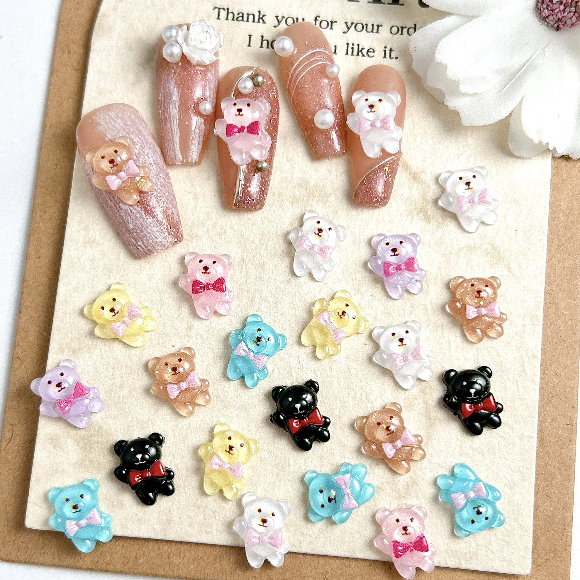 30Pcs Cartoon Translucent Bear Nail Charms Luminou Kawaii Colorful Tie Bear Resin Nail Art Accessories for DIY Nails Decorations