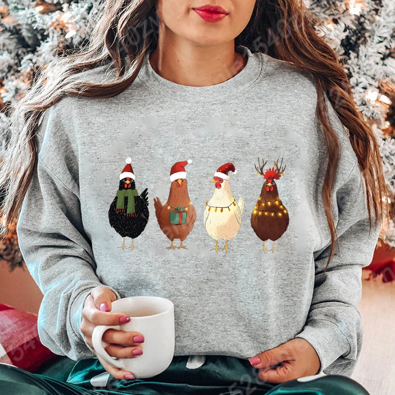 Сute Christmas Chickens Sweatshirt, Funny Christmas Sweatshirt, Crewneck Long Sleeves, Holiday Pullovers, Women Sweatshirts