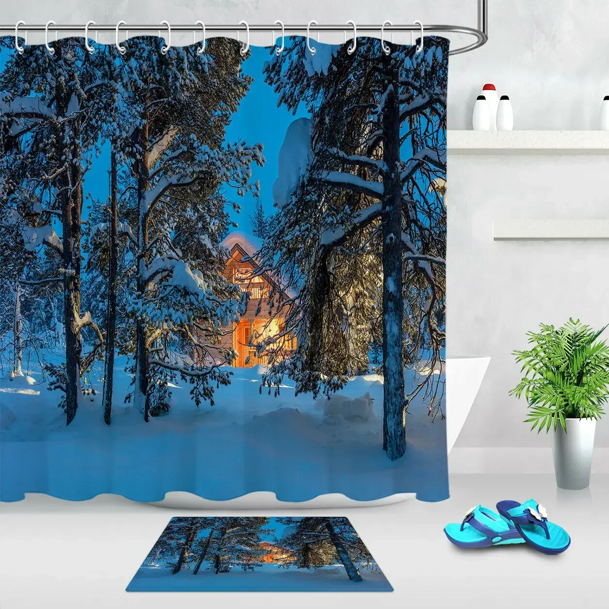 Night Winter Forest Cabin Bathroom Shower Curtain Set Waterproof Fabric