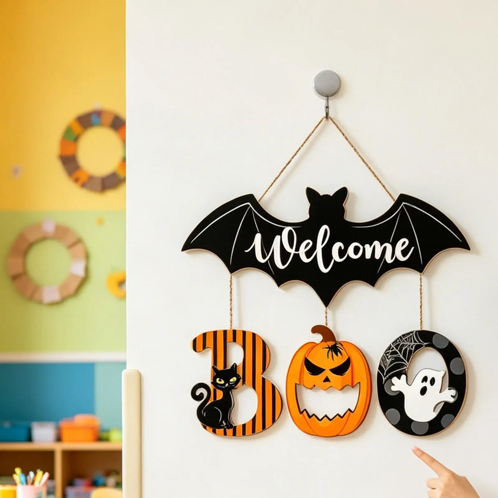Halloween Welcome Sign Wooden Front Door Decorations Spooky Bat Welcome Hangable Sign For Indoor Outdoor Living Room Bedroom