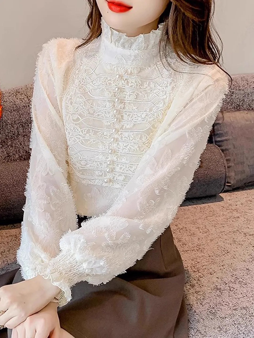 

Женская осенне-зимняя модная блузка из утолщенного шифона с длинным рукавом, воротником-стойкой и юбкой-полусолнцем, универсальный топ