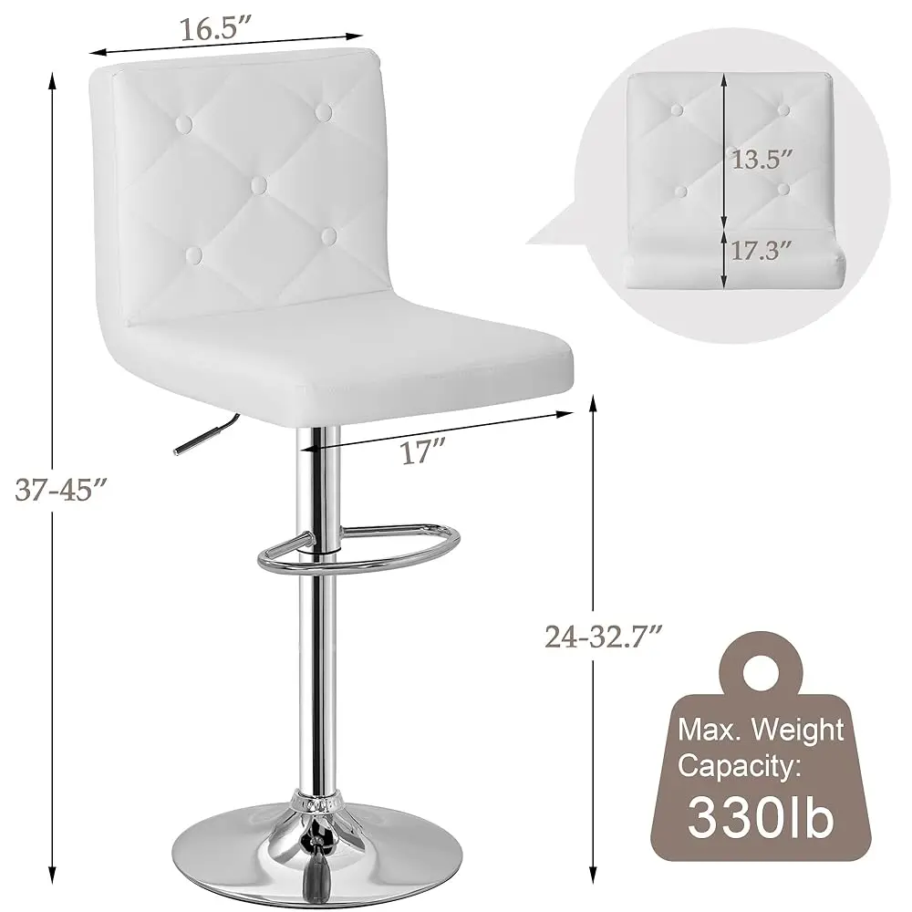 Bar Stools Set Of 2, Modern Pu Leather Adjustable Bar Stools With Back, 360° Swivel Bar Height Stools For Kitchen Counter