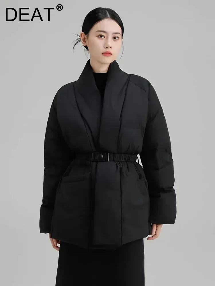 DEAT модное коричневое пальто с хлопковой подкладкой, женское пальто с v-образным вырезом, свободная толстая теплая куртка с большими карманами и поясом, новинка зимы