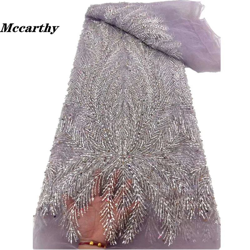 Mccarthy Nigerian Lace Fabrics with Sequins and Beads for Women, African Tulle Lace, Luxury Crystal Stones Fabrics for Wedding