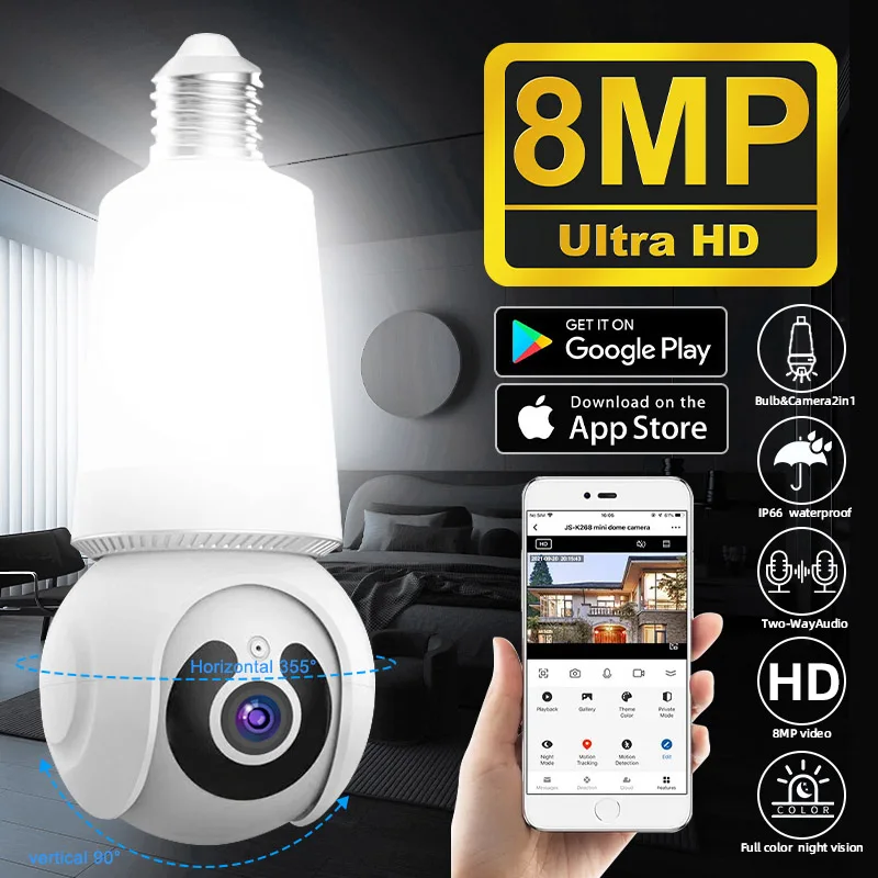 

E27 Bulb 8MP Wifi Camera Surveillance Wireless IP Camera Full Color Night Vision Automatic Human Tracking Security Monitor CCTV