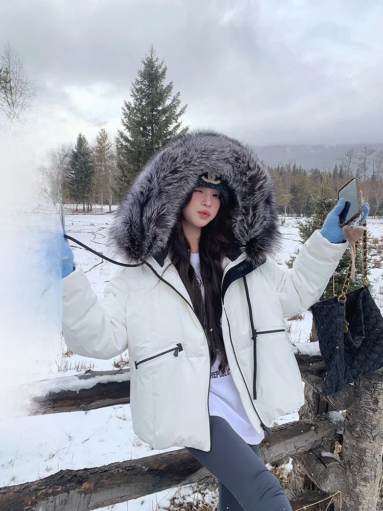 

Зимняя утепленная куртка из гусиного пуха для женщин, свободного кроя, для горного туризма, с меховым воротником, теплая, с длинными рукавами, на молнии