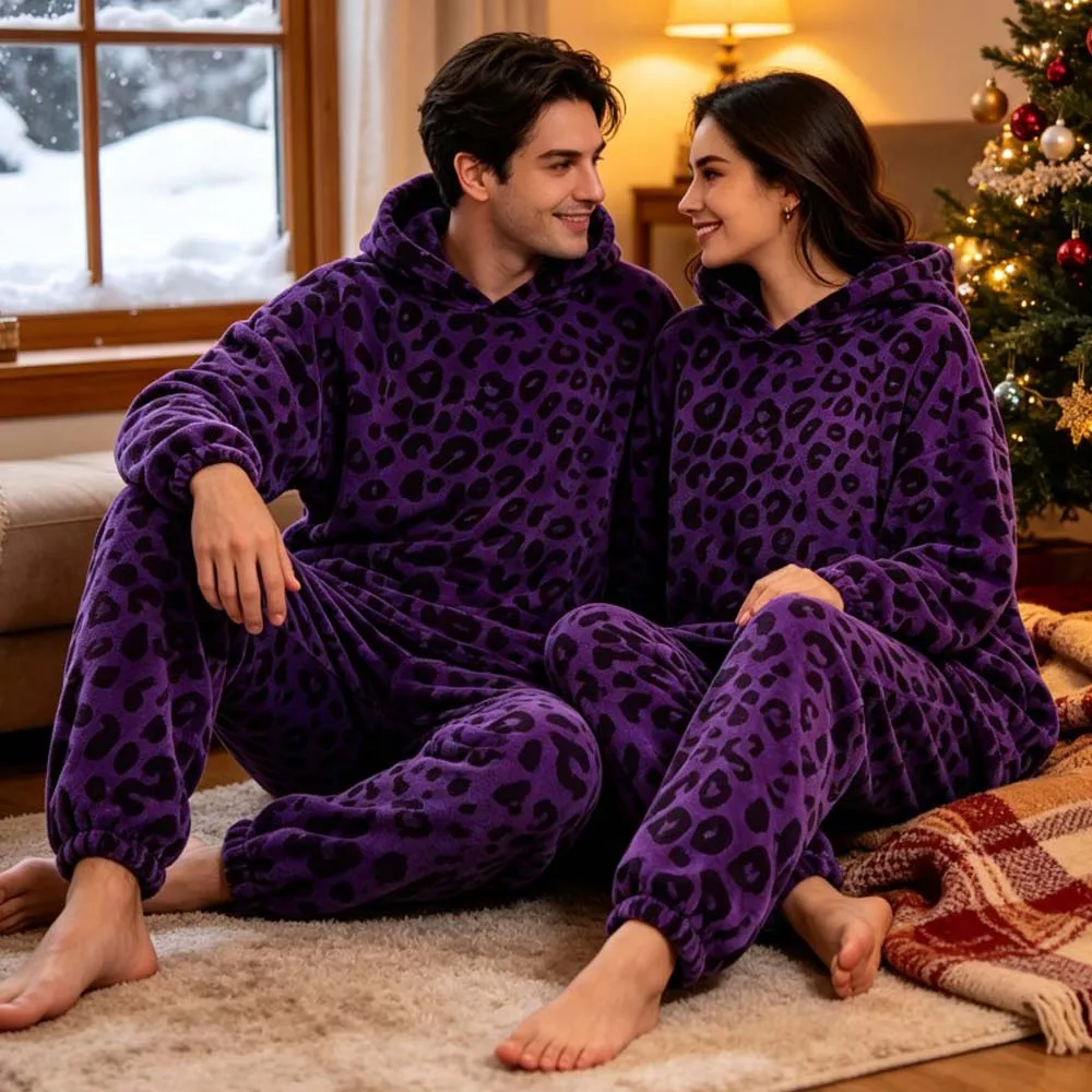 Matching Couple Pajamas Set Sleeping Clothes for Man Black Purple Leopard Warm Winter Pajamas for Woman with Hat 2pc Large Size