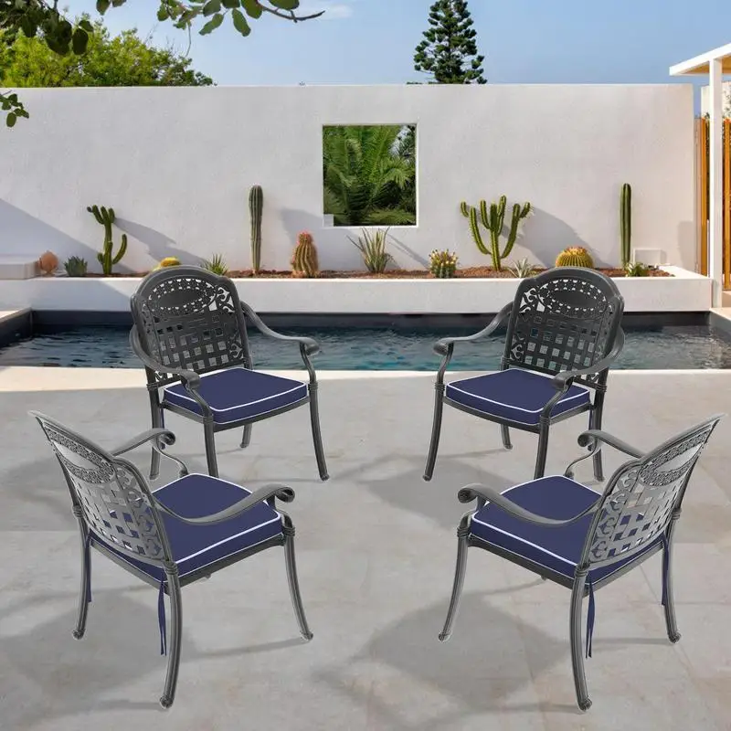 

Set of 4 Patio Dining Chairs, Cast Aluminum, Black Frame, Blue Cushions