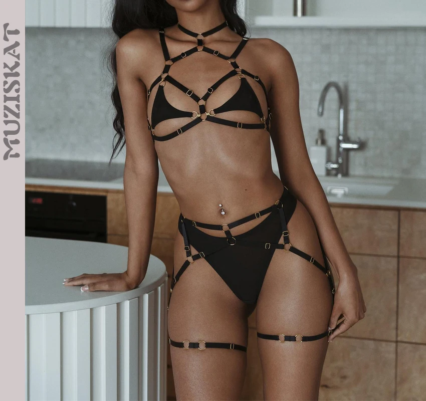 MUZISKAT 2023 Hot New Sexy Hollow Complex Straps Three-Piece Hanging Neck Erotic Lingerie Set Onlyfans