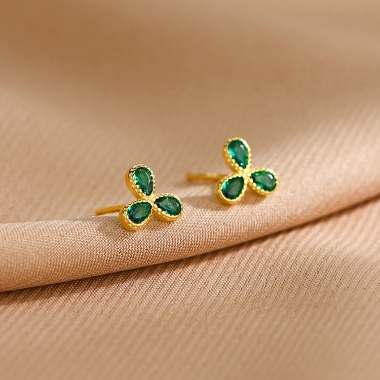 

925 Sterling Silver Lucky Chic Green Zircon Clover Stud Earring for Women Fine Jewelry High Luxury Vintage Accessories
