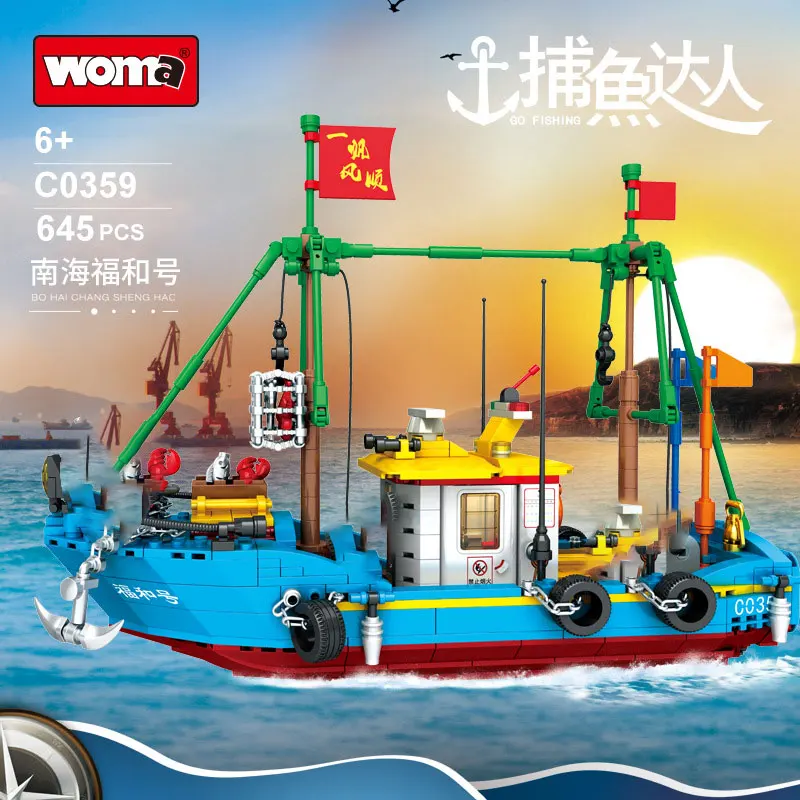 City Building Blocks Fishing Boat Constructor Model Assembling MOC Pirate Ship Technical Bricks Toys for Children Birthday Gifts