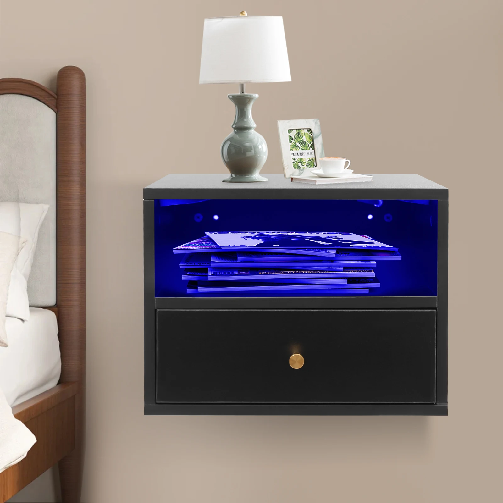 

Wall-Mounted Floating Nightstand with LED Light, Black Bedside Cabinet with Remote Control and Spacious Storage