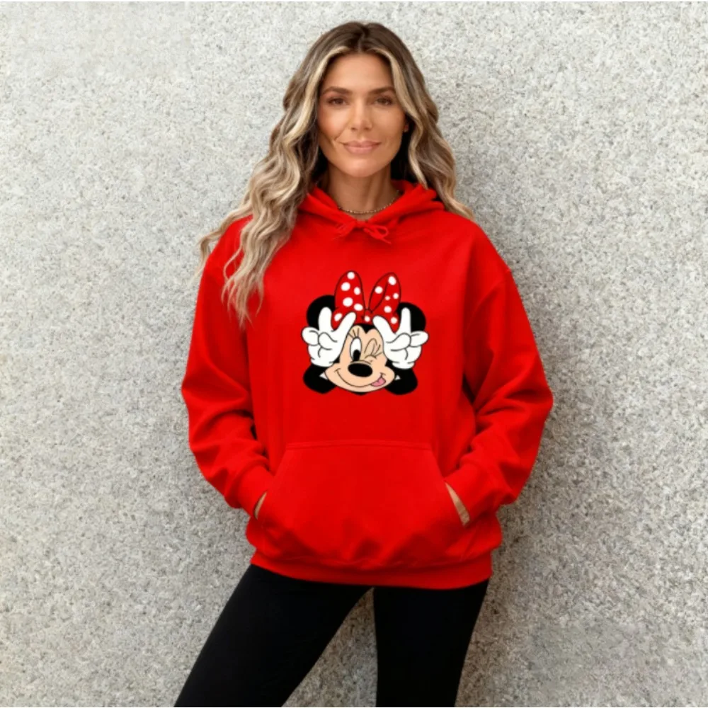 

Женский пуловер с рисунком Минни Маус Диснея, топы, весенне-осенняя мужская толстовка с капюшоном, модная красная спортивная толстовка для пар, одежда