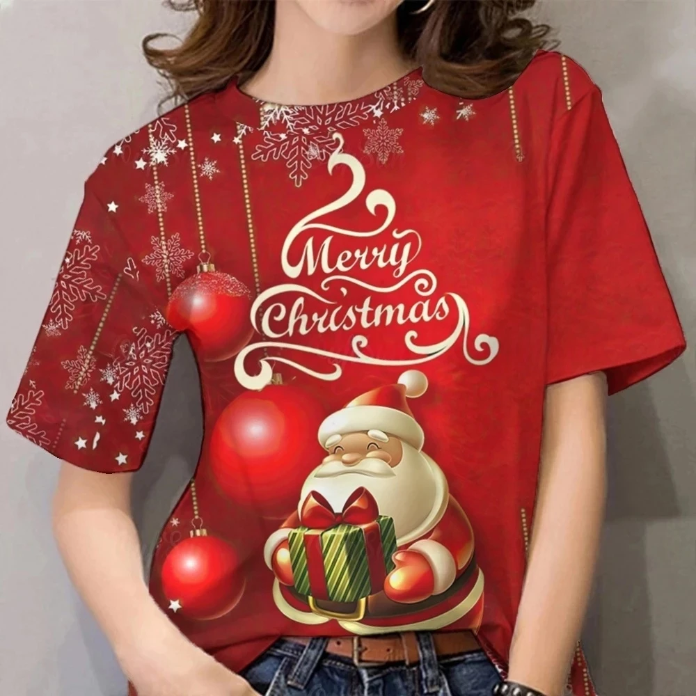 Merry Christmas Women's T-shirt - Festive 3D Print Of Santa And Christmas Tree Full Sublimation Casual Streetwear Clothing