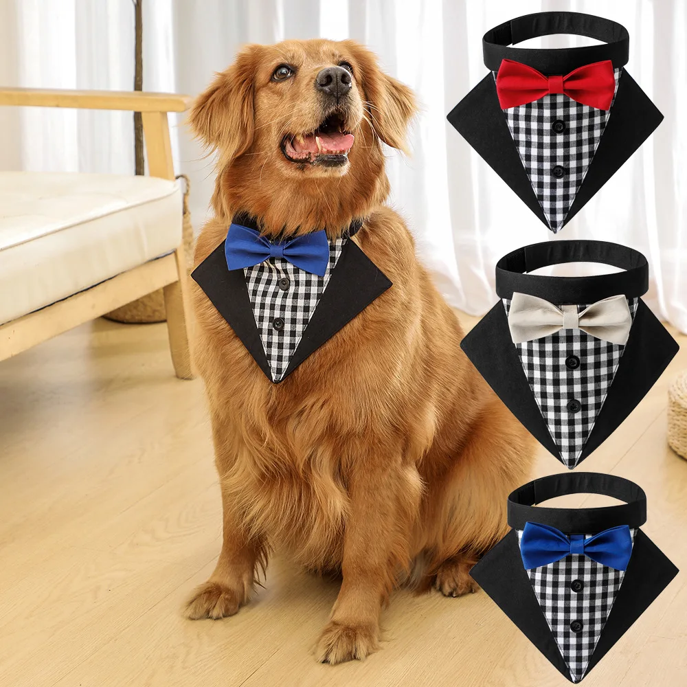 new plaid pet clothes suit triangle towel handsome pet dog saliva towel wedding pet triangle towel