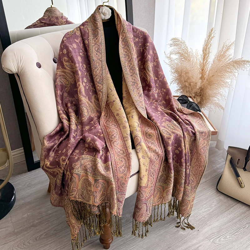 شرابة بطانية تصميم سميكة الباشمينا شتاء جديد دافئ شال التفاف بيزلي نمط وشاح المرأة منديل المعطف الشالات 2025