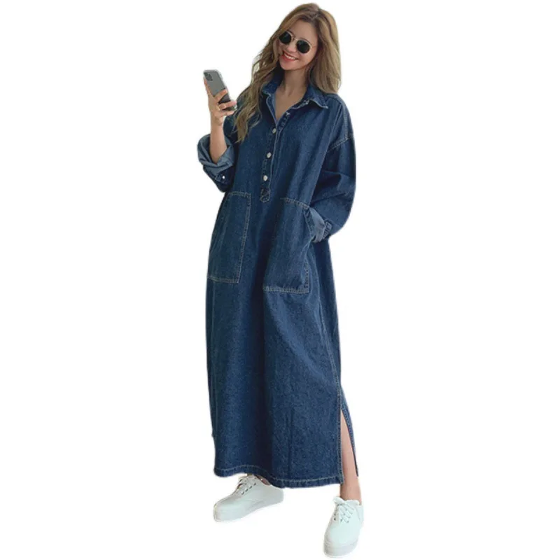 Long Dress Women Denim Dresses Turn Down Collar A Line Vestidos Maxi Mom Jeans Streetwear Casual Loose Y2k Summer 2025 Party - Image 6