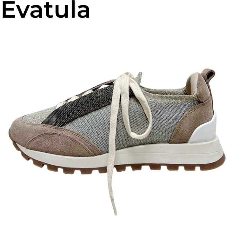 

2024 Spring Knitted Lace Up Casual Sneakers For Women Thick Sole Suede Patchwork Flat Shoes Comfort Walking Trainers Shoes Mujer