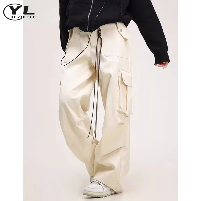 Multi Pocket Retro Cargo Pant Men Woman Casual Jogging Lanyard Decoration Straight Sweatpants Japanese Loose Wide Leg Trousers