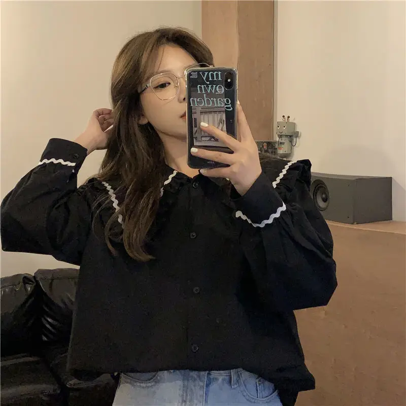 Shirt Women Sweet Clothes New Korean  French Style Peter Pan Collar Plaid Loose Fashion Design Cute Tender Lady College Ins