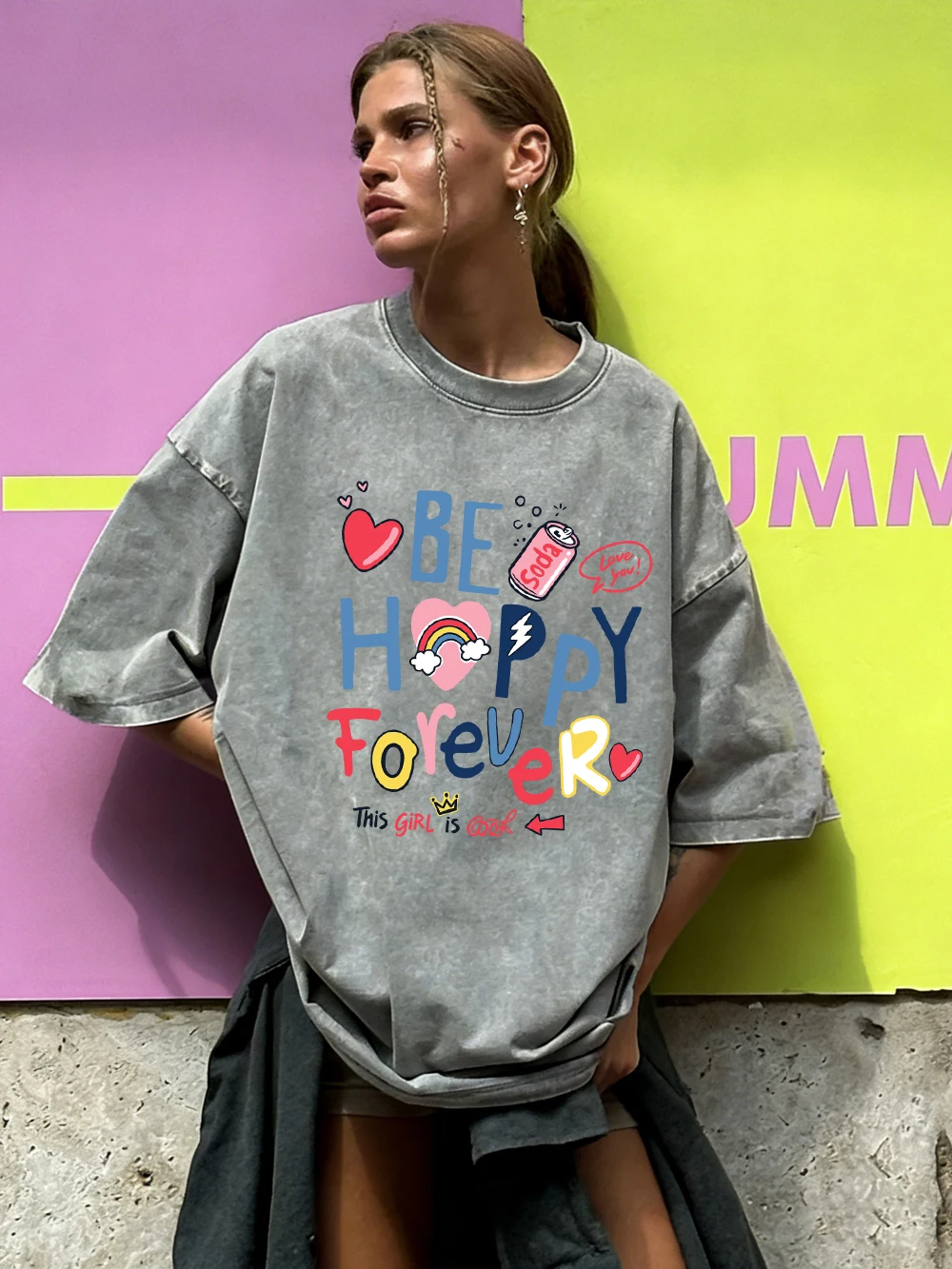 Be Happy Forever Printed Washed T-Shirts Womens Cotton Oversized T Shirt Summer Soft Short Sleeve Tops Casual O-Neck Clothes