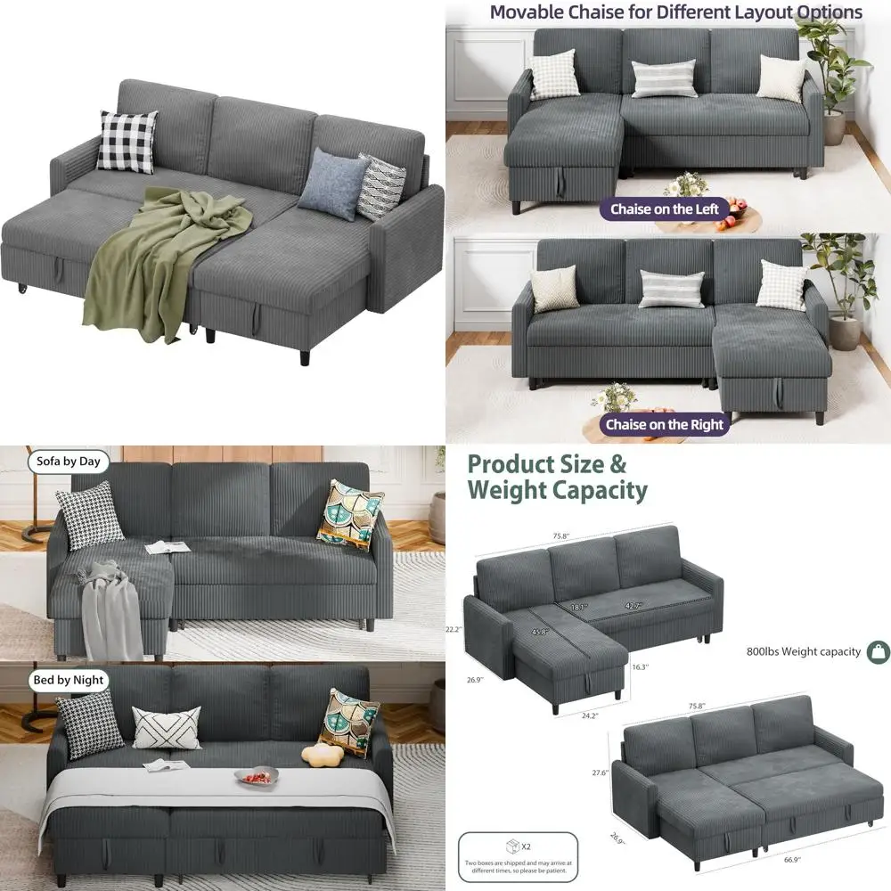 

Multifunctional 4-in-1 L-Shape Pull-Out Sleeper Sofa with Storage, Gray for Living Room/Office/Apartment