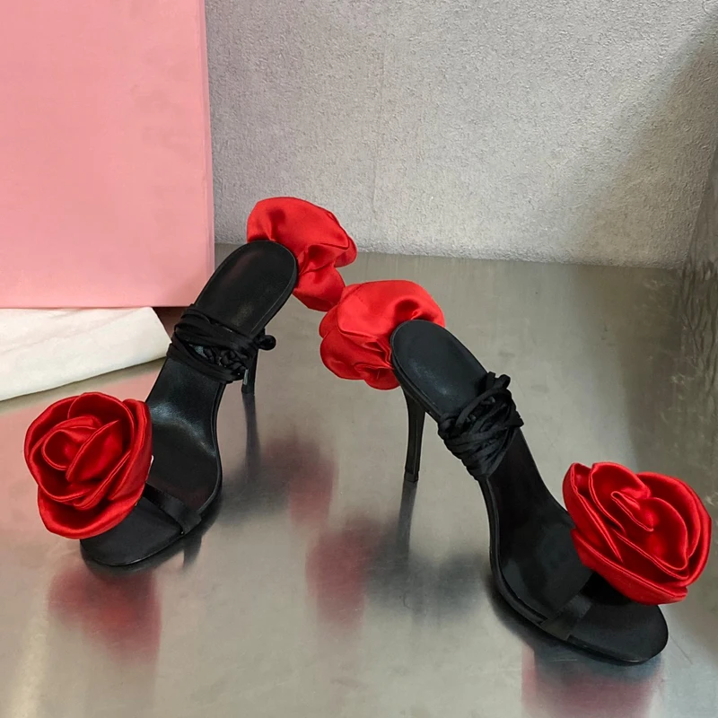 Fashion 3D Flower Decor Sexy High Heel Women Sandals Silk Satin Summer Shoes Crystal One Strap Open Toe Lady Party Wedding Shoes