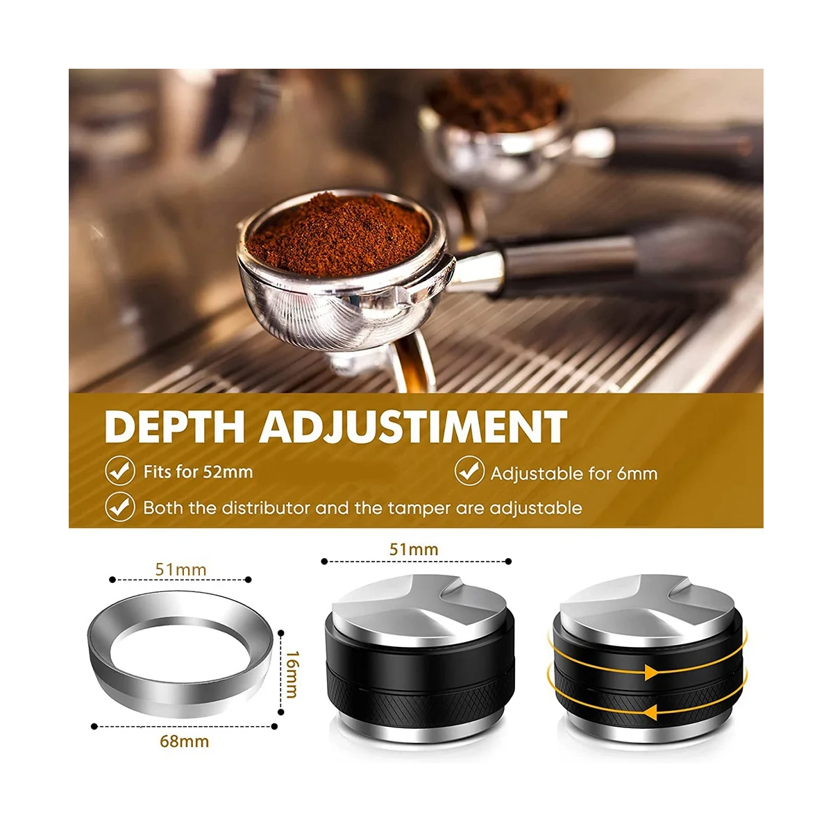 ที่กดกาแฟและเครื่องกระจายผงกาแฟขนาด 51 มม., ชุดกรวยตวงเอสเพรสโซ่สแตนเลสขนาด 51 มม., ตัวปรับระดับกาแฟแบบสองหัว-HIM