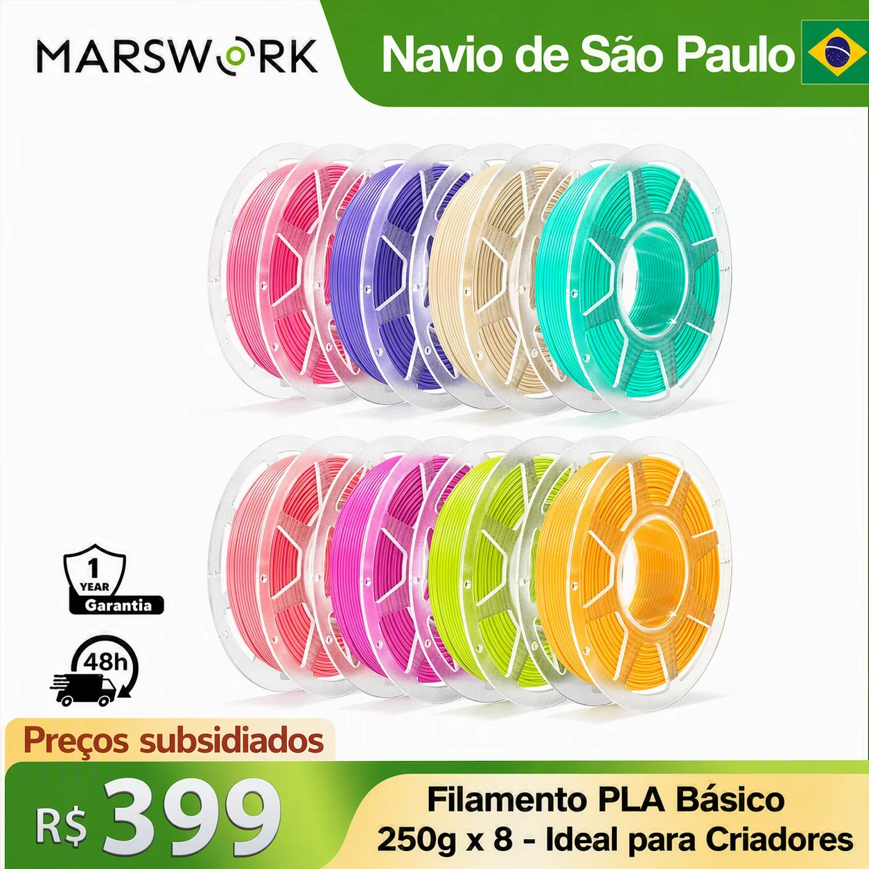 Pacote de Filamentos MarsWork PLA Básico Pré-Seco 8x250g