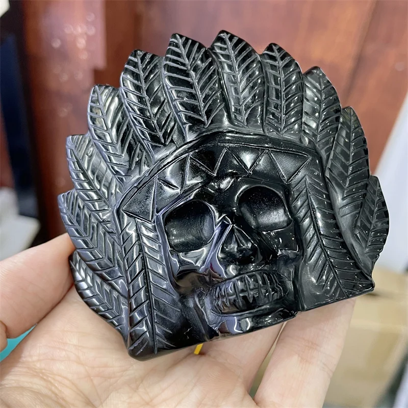 Natural Black Obsidian Crystal Hand Carved Indian Chief Skull Crafts Healing Powerful Statue For Home Decoration 1pcs