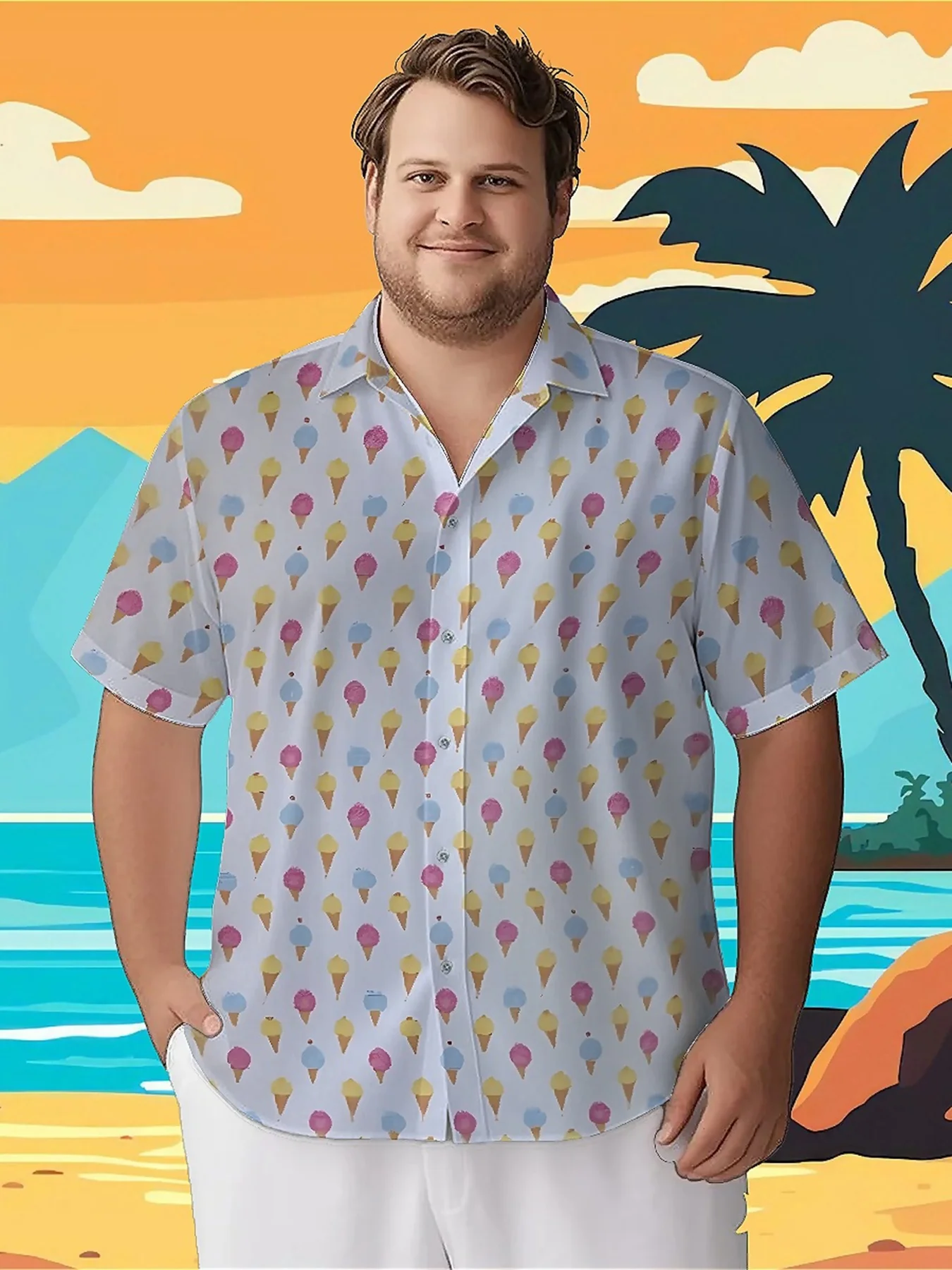 Men's Plus Size Hawaiian Shirts Colorful Ice Cream pattern, Summer Casual Tops, Suitable for Outdoor and Party, Streetwear
