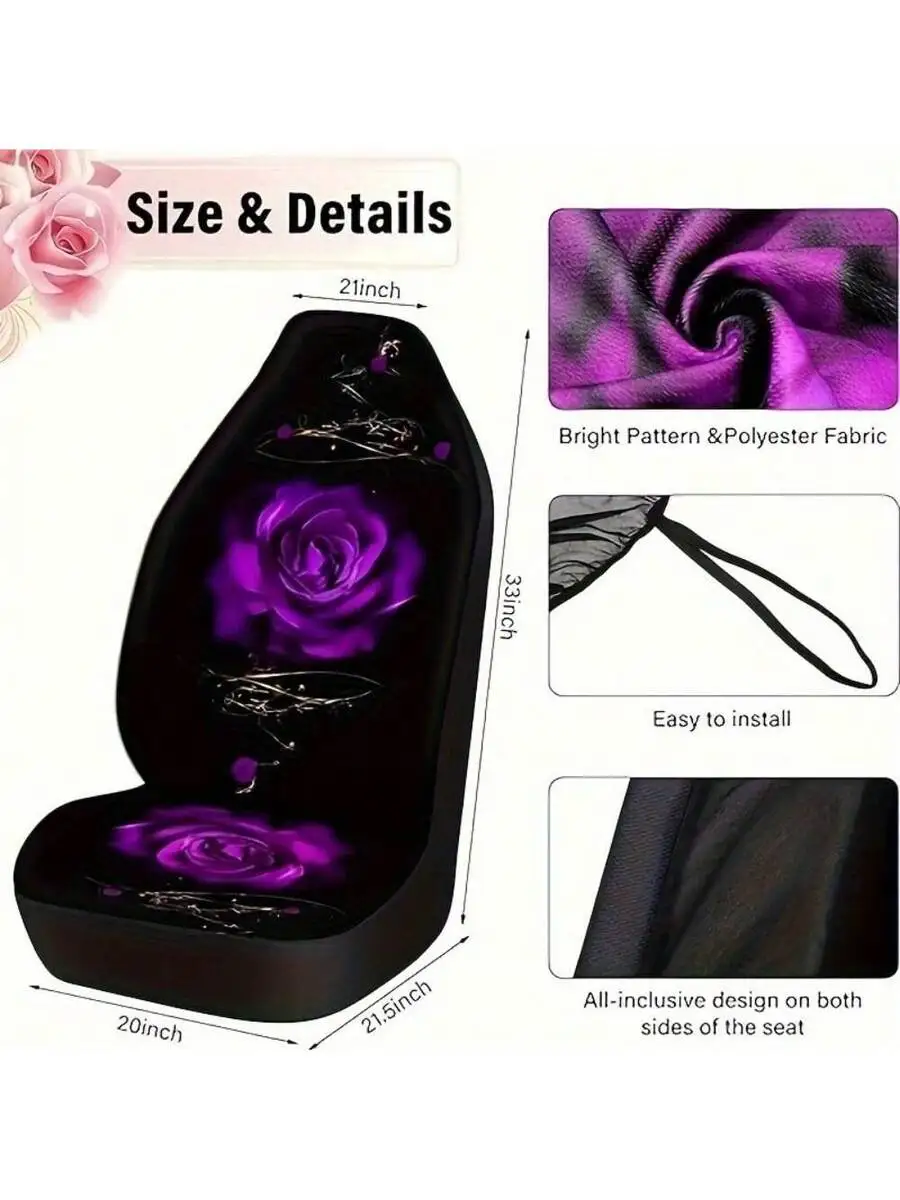 

Purple Rose Car Seat Cover Set With Steering Wheel, Armrest, Cup Holder And Seat Belt Covers