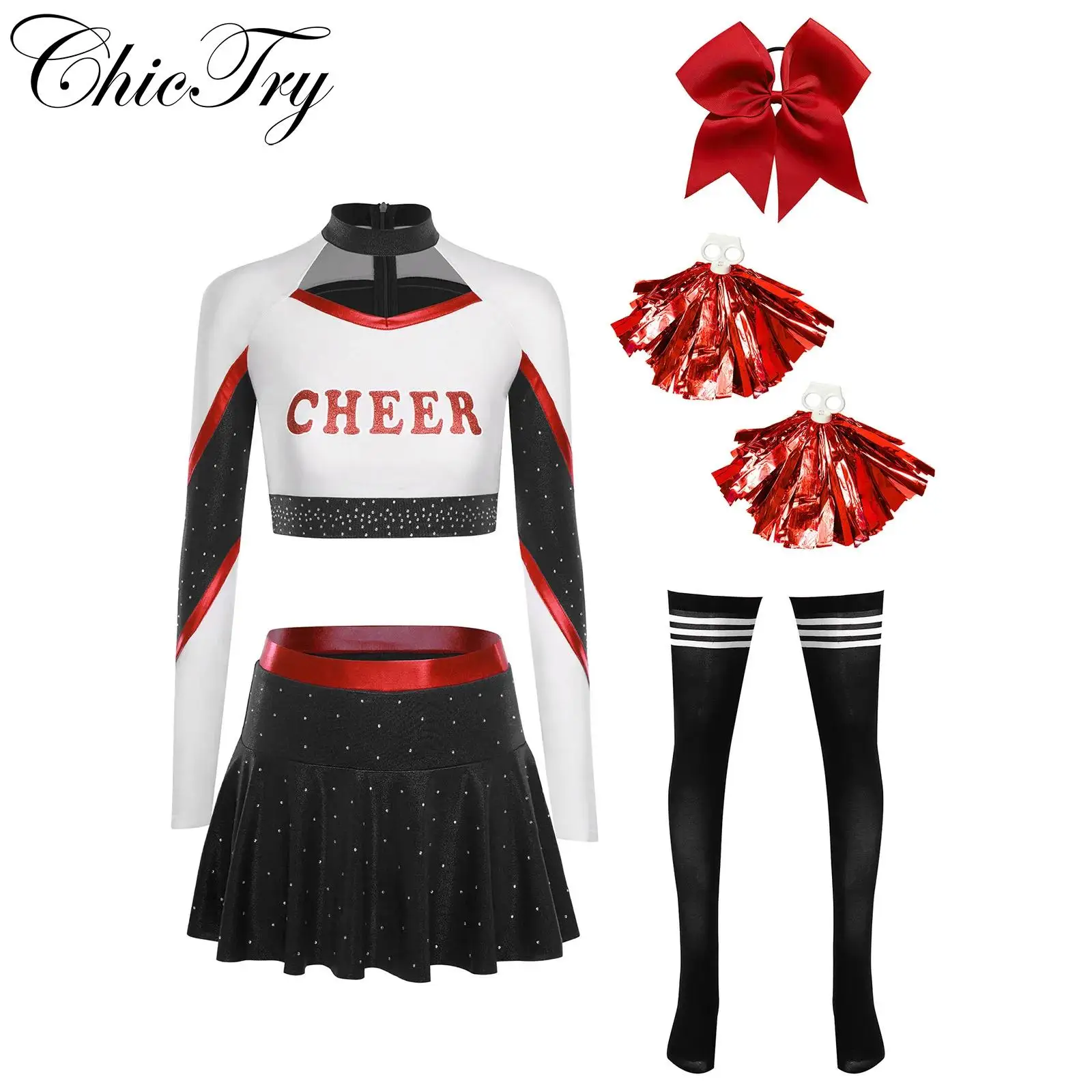 

Womens Cheerleading Performance Costume Cheer Up Dance Cosplay Outfit Long Sleeve Crop Top And Pleated Skirt Flower Balls Stocks
