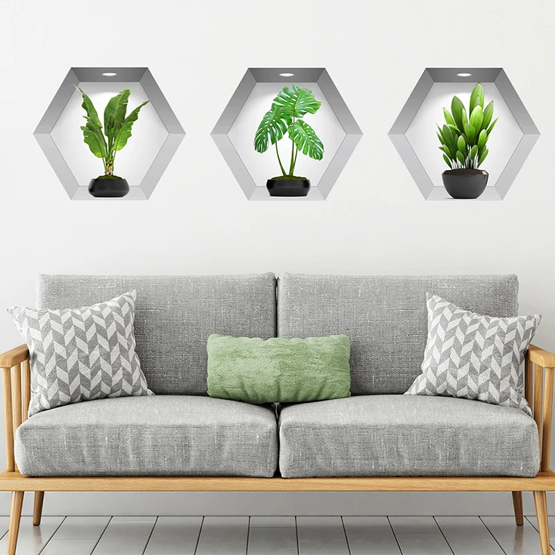 3pcs/set 3D Stereoscopic Potted Wall Stickers Living Room Decorative Wallpaper Self-adhesive Plant And Flower PVC Stickers