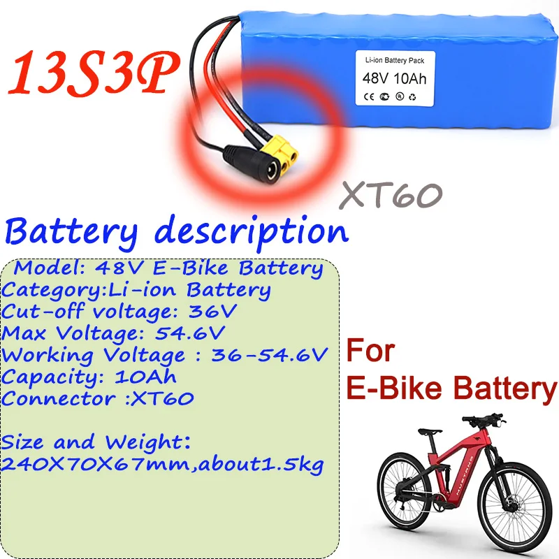 

2024 Hot New 13S3P 48V Li-ion Battery 10Ah XT60 Connector And BMS For Ebike Battery Pack