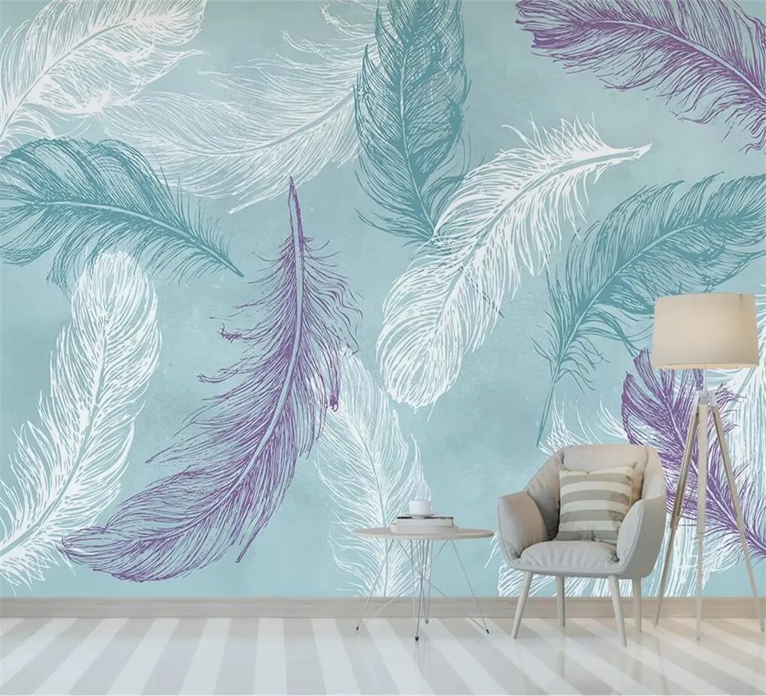 Custom wallpaper Nordic minimalist blue watercolor feathers small fresh TV background wall painting home decoration 3d wallpaper