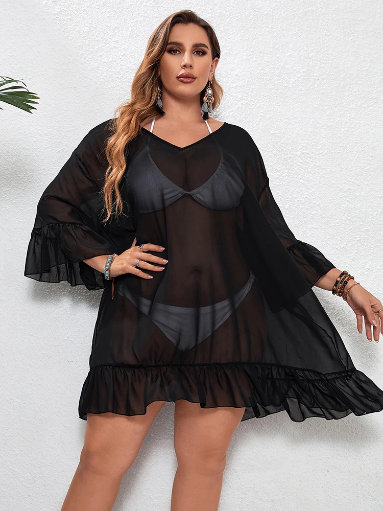 Plus Size Women’S Bathing Suit Cover Up For Beach Swimwear Blouse Ruffled Cover-Up Dress Summer Swim Beach Wear Bathing Suits image 5